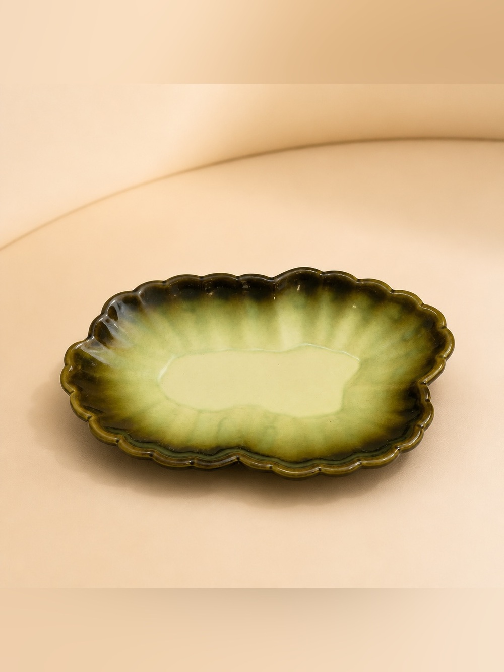 Mid-Century Modern Green/Brown Ombre Ceramic Leaf or Floral serving dish